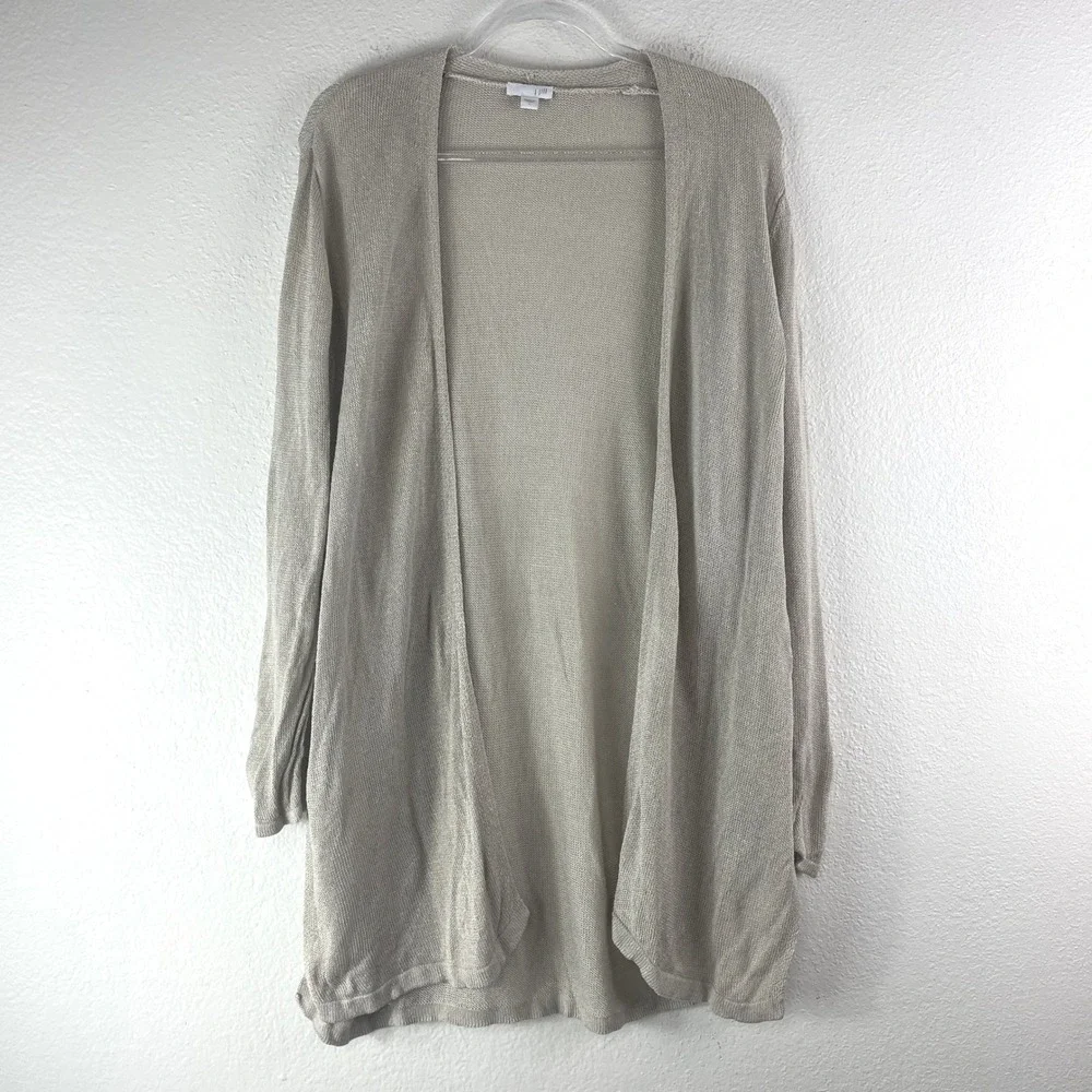 J. Jill Cardigan Large Beige Linen Blend Open Front Longline Side Slit Sweater